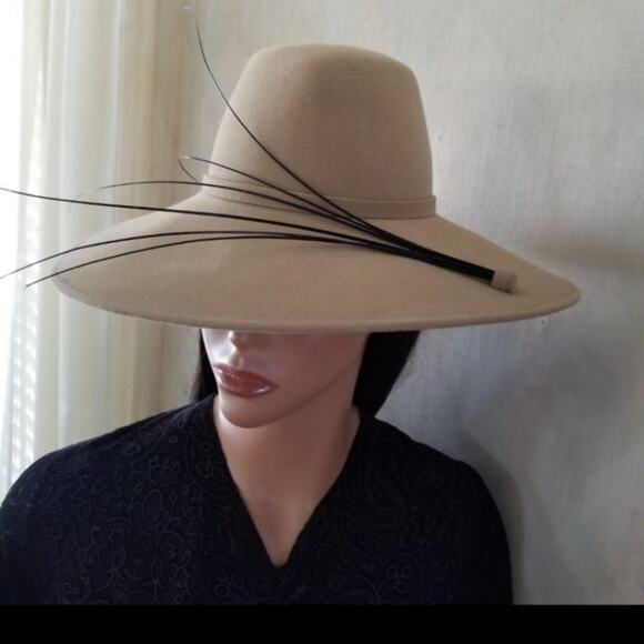 Upper Class Hats by Blima Camel Wide Brim Designer Hat Long Feather Accent main image 4